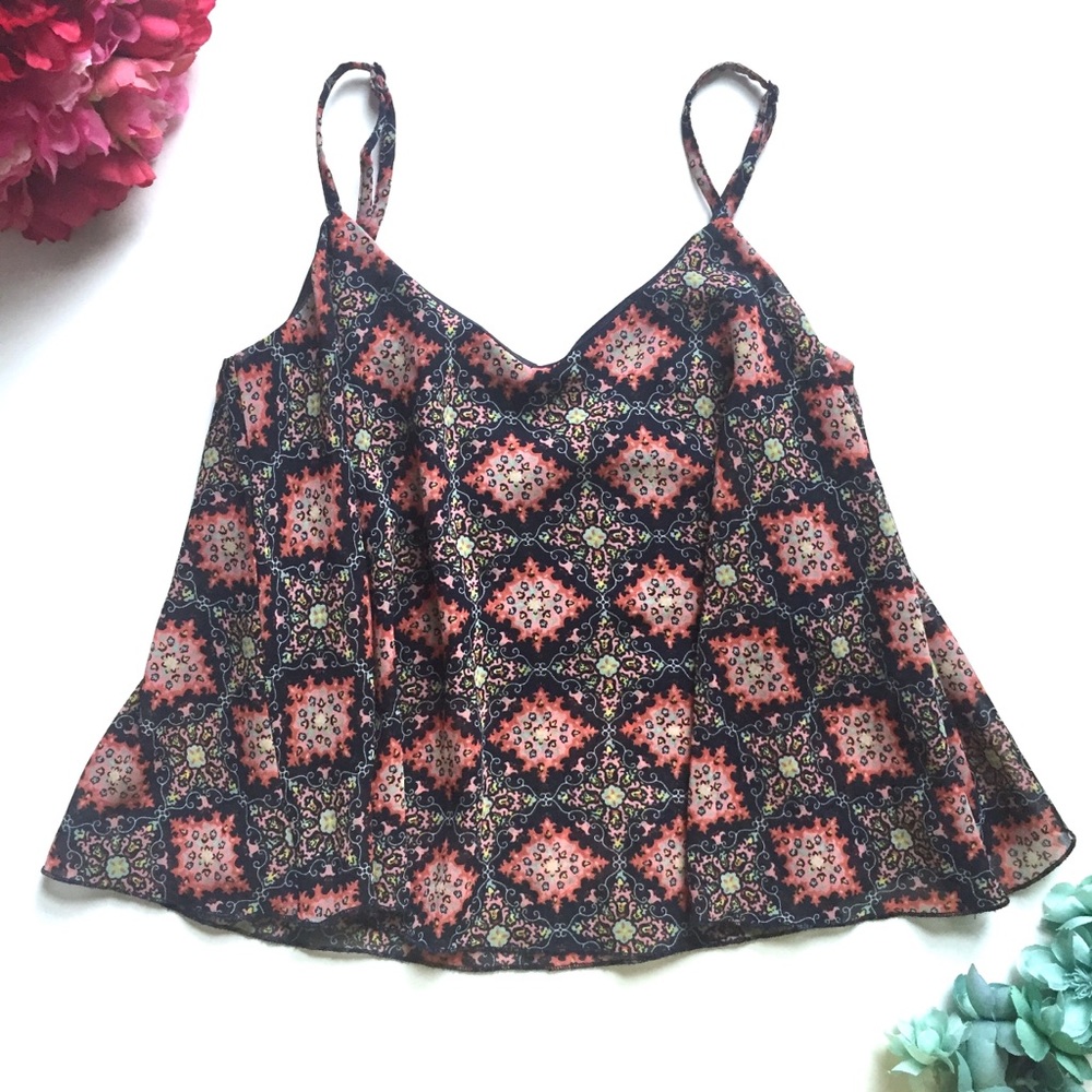 Patterned Navy / Coral Swing Crop Tank Top, Small